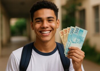 Jovem sorrindo e segurando notas de dinheiro brasileiro