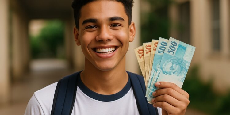 Pé-de-Meia 2026: Veja se seu CPF está na lista para receber o pagamento em fevereiro 1 Jovem sorrindo e segurando notas de dinheiro brasileiro