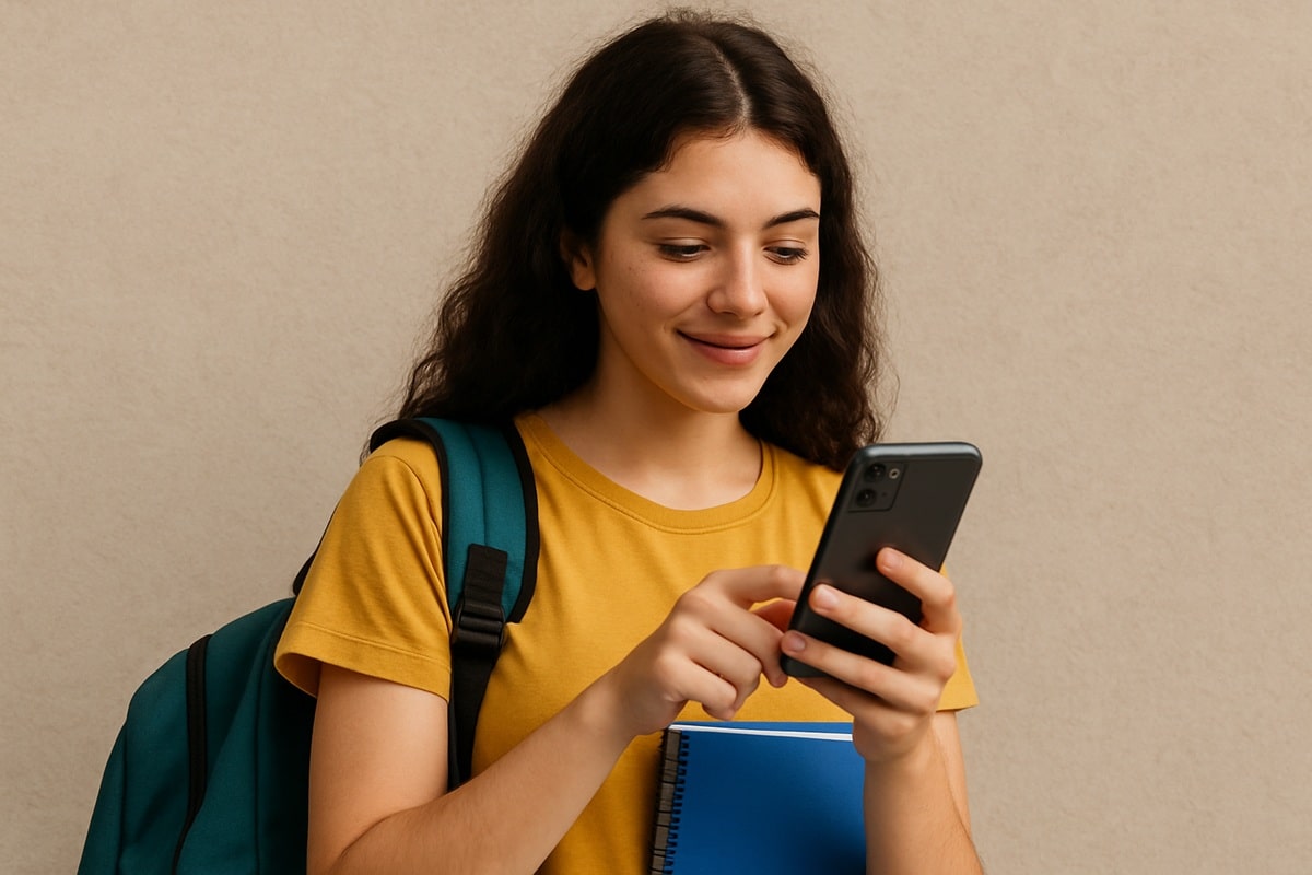 Pé-de-Meia 2026: Veja se seu CPF está na lista para receber o pagamento em fevereiro 2 Estudante sorrindo enquanto usa o celular