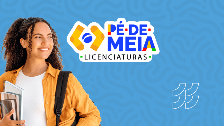 Pé-de-Meia Licenciaturas 2026: primeira parcela de R$ 1.050 já em fevereiro para aprovados 2 Jovem segurando cadernos ao lado do logo Pé-de-Meia Licenciaturas, fundo azul